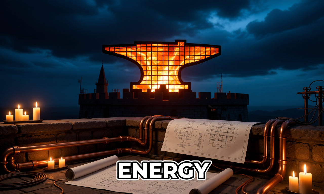 A bitcoin-orange softwar fortress glowing against an indigo storm sky. Anvil-shaped power-grid silhouette stands above stone parapets, candlelit blueprints unfurl on a desk below, copper conduits run along the walls. The word "ENERGY" is rendered at the bottom in clean white sans-serif.