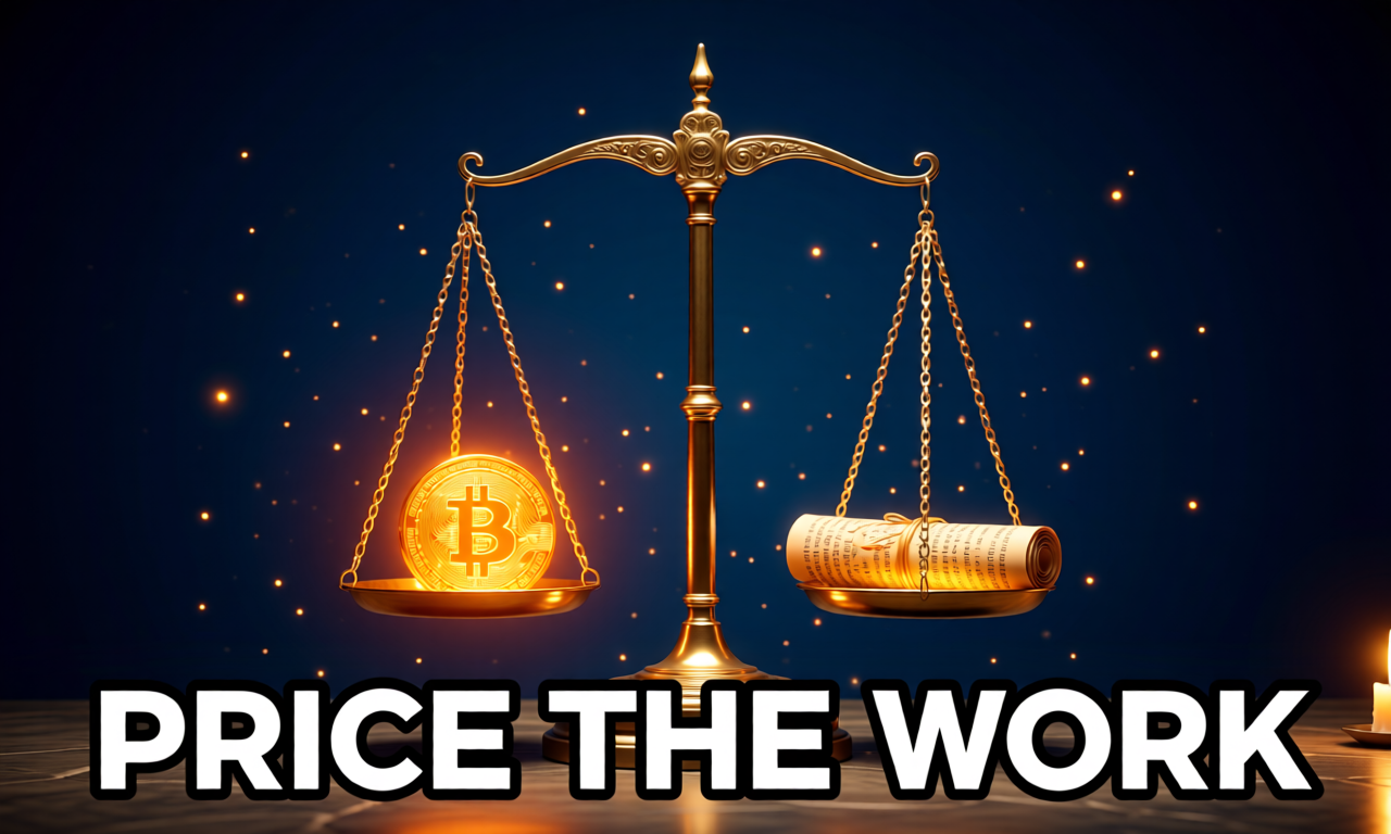 An ornate brass scale balanced perfectly with a glowing bitcoin sigil ingot on the left pan and a rolled scroll of cryptographic hashes on the right pan, both pans illuminated equally, deep indigo background with floating motes of light, candle-amber chiaroscuro. The text "PRICE THE WORK" is rendered at the bottom in clean white sans-serif.