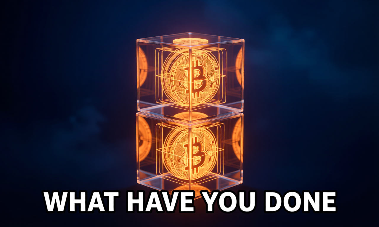 Stacked translucent glass cubes nested inside each other, each cube wireframed in bitcoin-orange light, depth shown by recursive containment in a dark indigo void. The text "WHAT HAVE YOU DONE" is rendered at the bottom in clean white sans-serif.