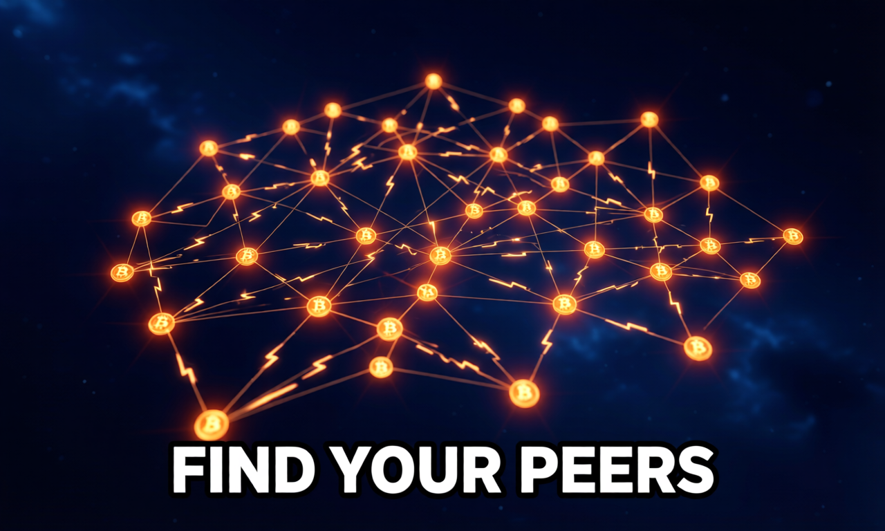 A constellation of glowing bitcoin-orange peer nodes connected by thin lightning-bolt threads forming an organic neural mesh against deep indigo space. The text "FIND YOUR PEERS" is rendered at the bottom in clean white sans-serif.