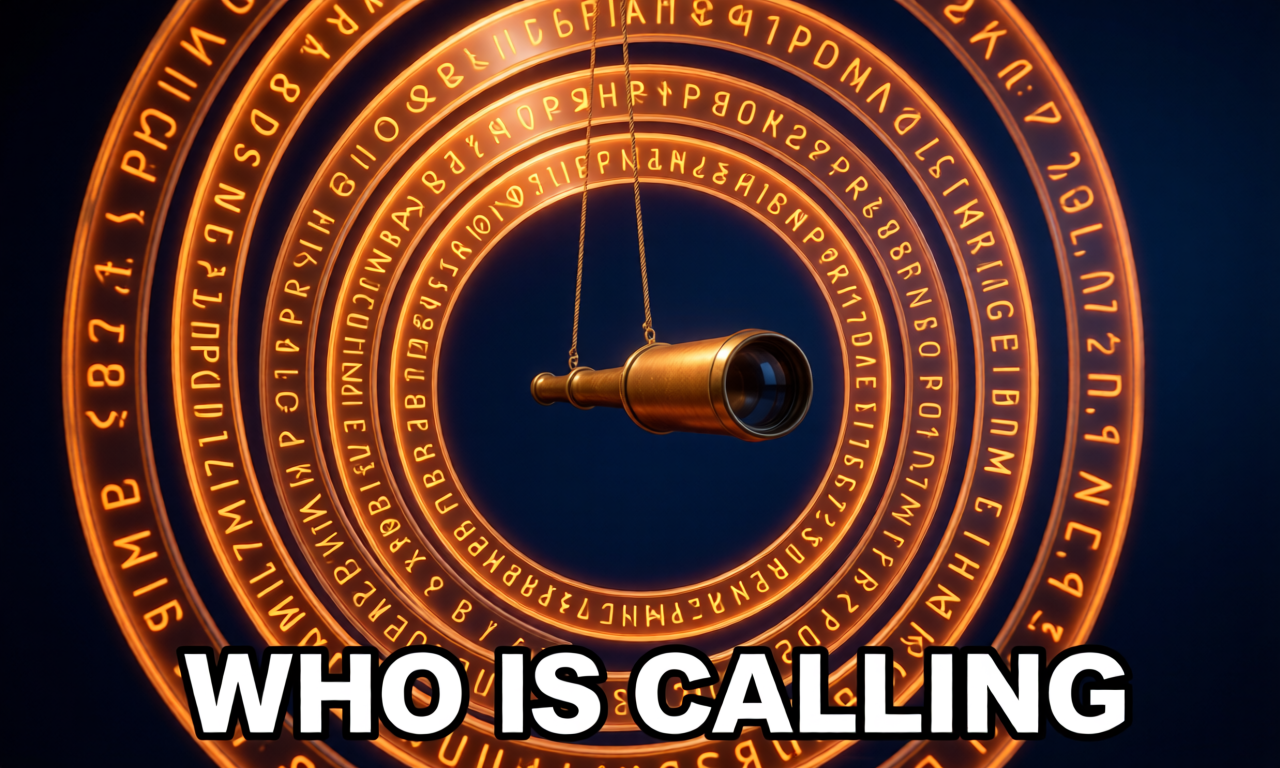 Concentric translucent rings inscribed with cipher glyphs pulse with bitcoin-orange luminance, an antique brass spyglass suspended at the center peering through the layered depths. The text "WHO IS CALLING" is rendered at the bottom in clean white sans-serif.