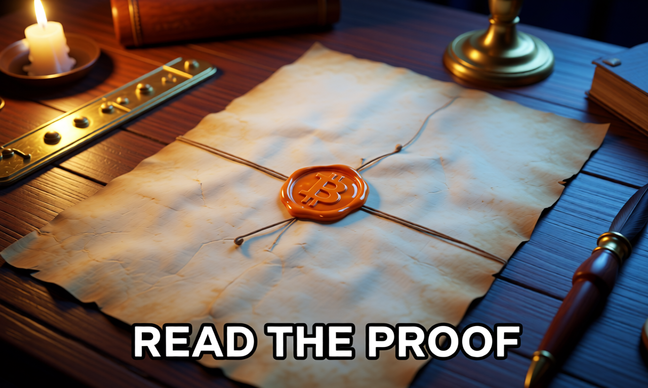 A heavy aged parchment whitepaper sealed with a bitcoin-orange molten wax sigil bearing a hash glyph, candlelit oak desk surface, brass dividers and an ink quill nearby. The text "READ THE PROOF" is rendered at the bottom in clean white sans-serif.