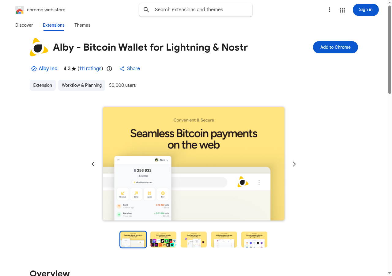 Chrome Web Store listing for Alby - Bitcoin Wallet for Lightning & Nostr, with an Add to Chrome button, a 4.3-star rating, and a yellow product screenshot showing a wallet balance.
