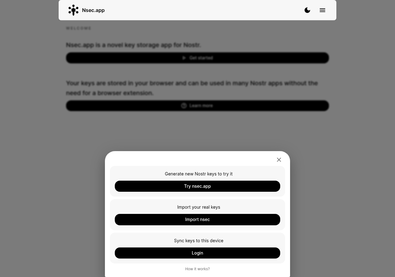 nsec.app Get started sheet with three options: Try nsec.app for generating new Nostr keys, Import nsec for importing real keys, and Login to sync keys to this device.