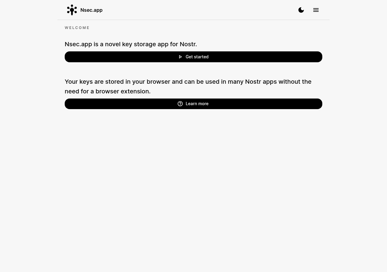 nsec.app welcome screen: Nsec.app is a novel key storage app for Nostr, with Get started and Learn more buttons.